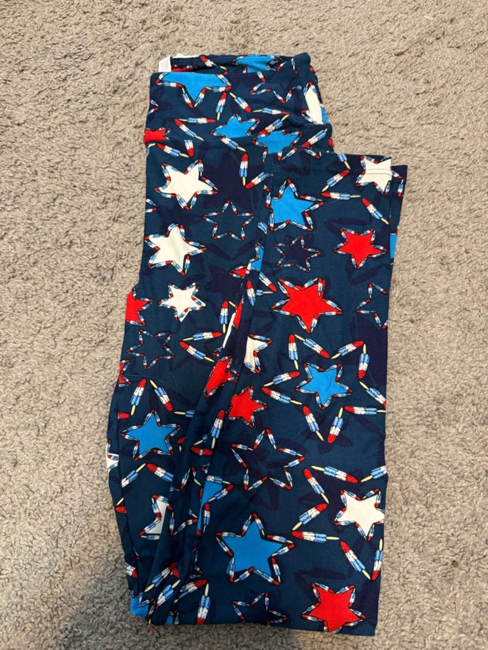 LuLaRoe Navy Leggings with Red, White & Bright Blue Star Pattern